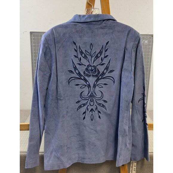 Victor COSTA "Occasion" Women's Leather Jacket Sz. M Embroidered Cut Out BLUE - Picture 2 of 11